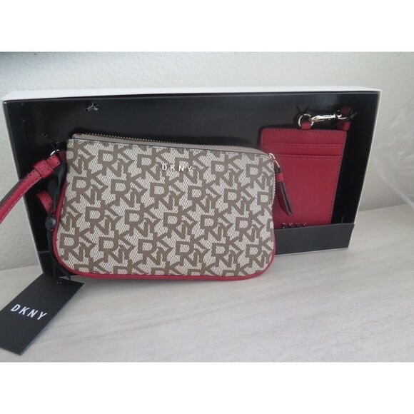 DKNY R13LJQ84 Brown Signature Logo Wristlet Clutch Lanyard ID Holder Gift Set - Picture 6 of 11
